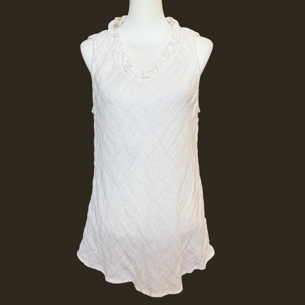 FLAX Linen Tunic Top Women's Medium Ivory Sleeveless Lagenlook Coastal Neutral - Picture 2 of 8